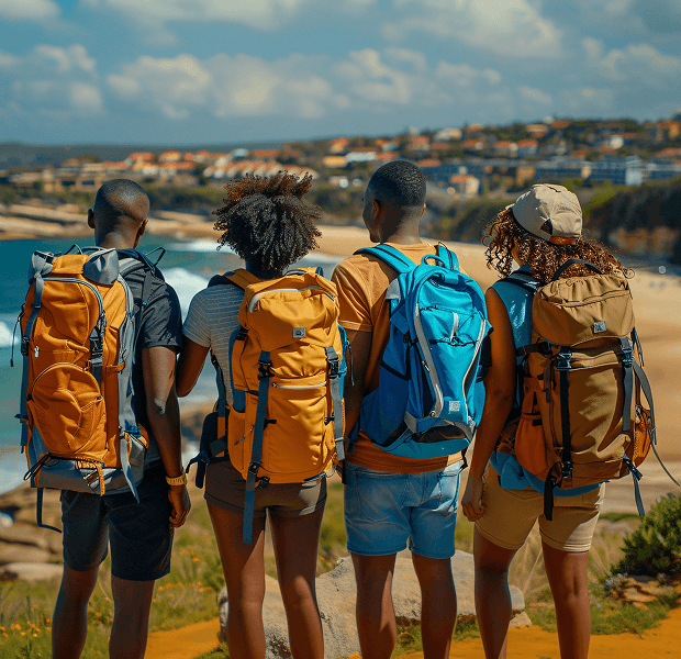 Four hikers overlooking a coastal town